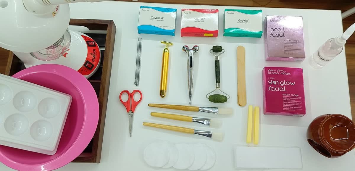Beauty and facial tools arranged for a session